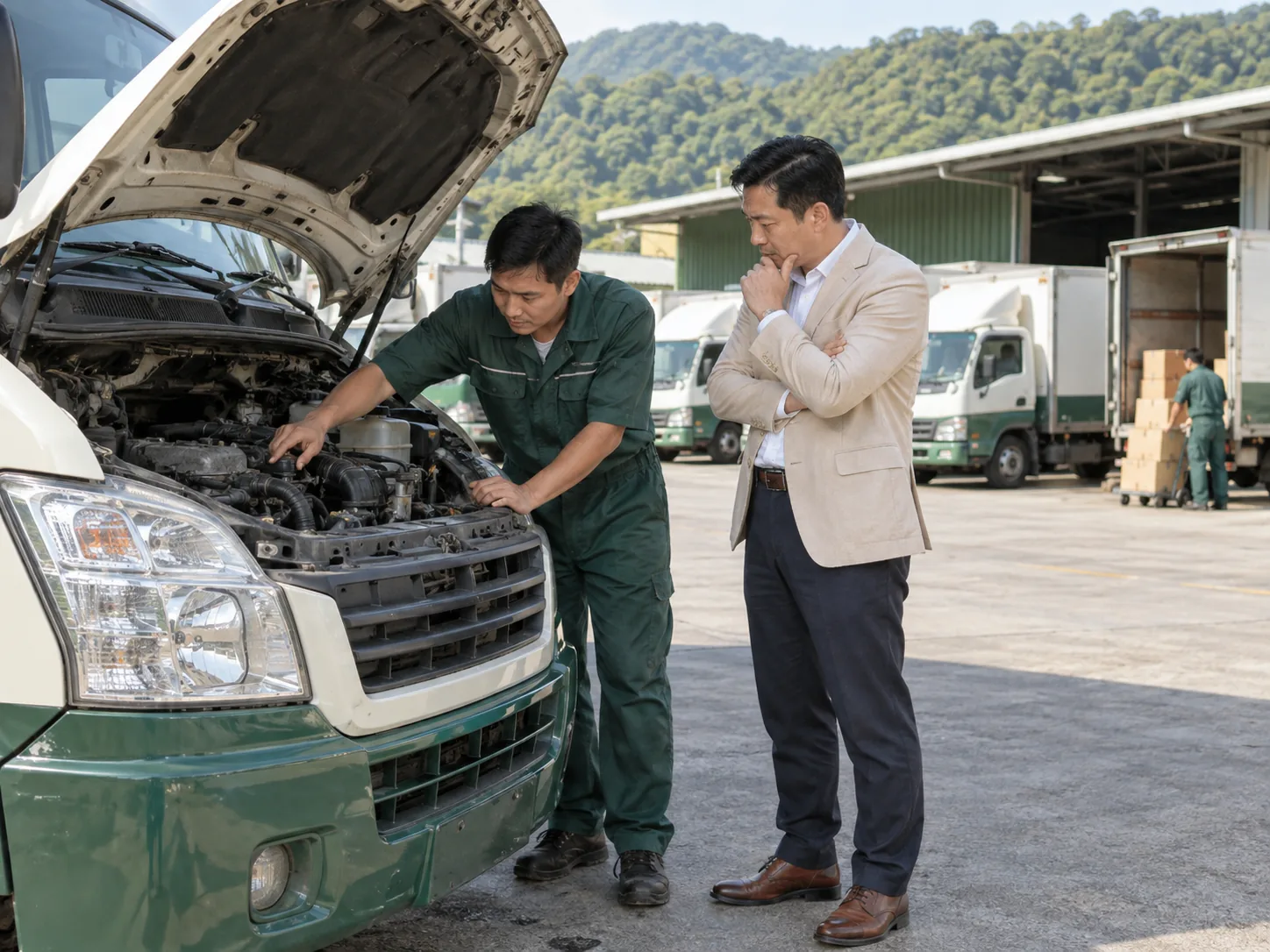 點一下更換圖片 營業車維修時公司負責人和技師檢查車況