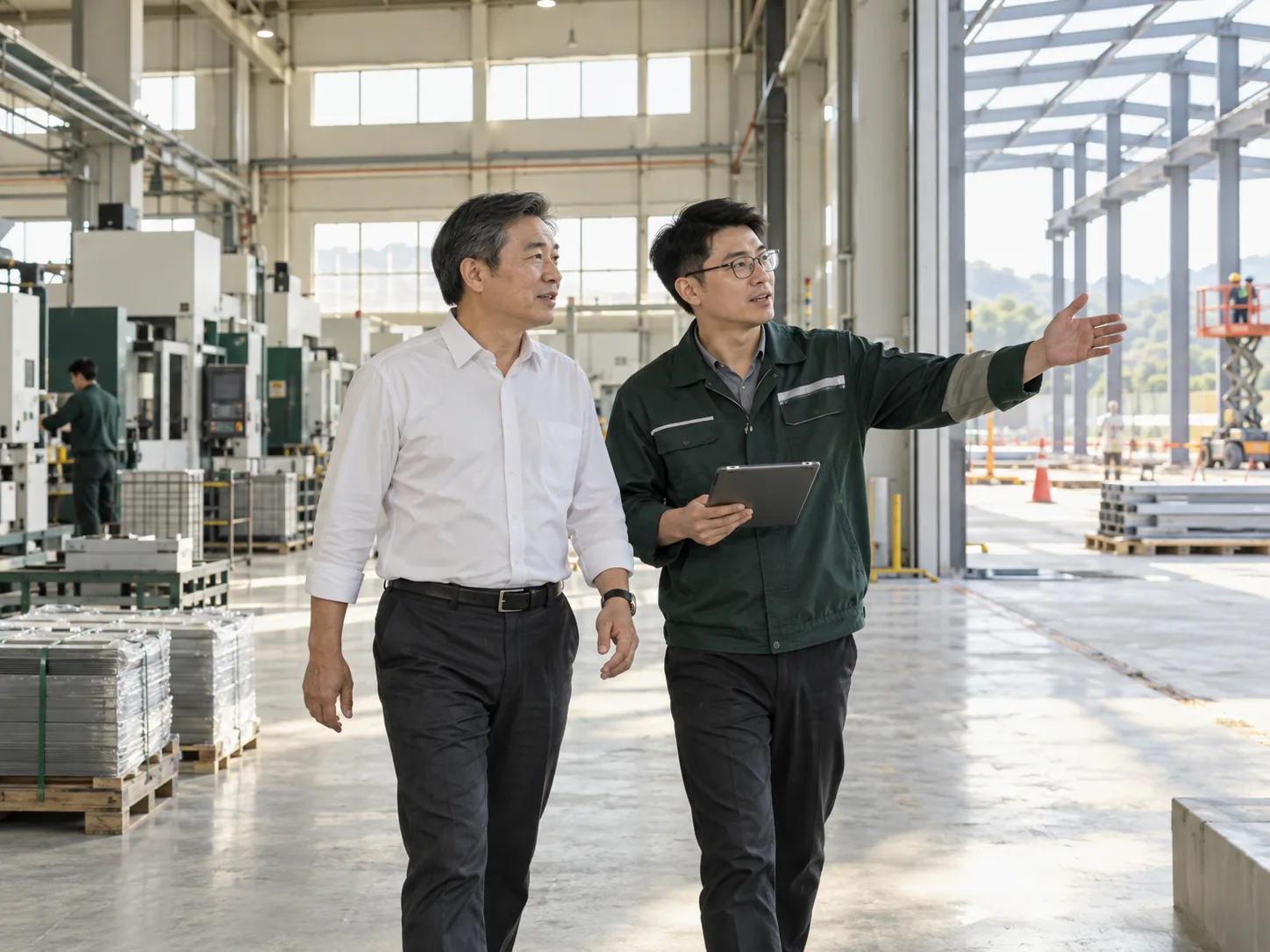 點一下更換圖片 工廠負責人與工程師查看擴建的生產空間