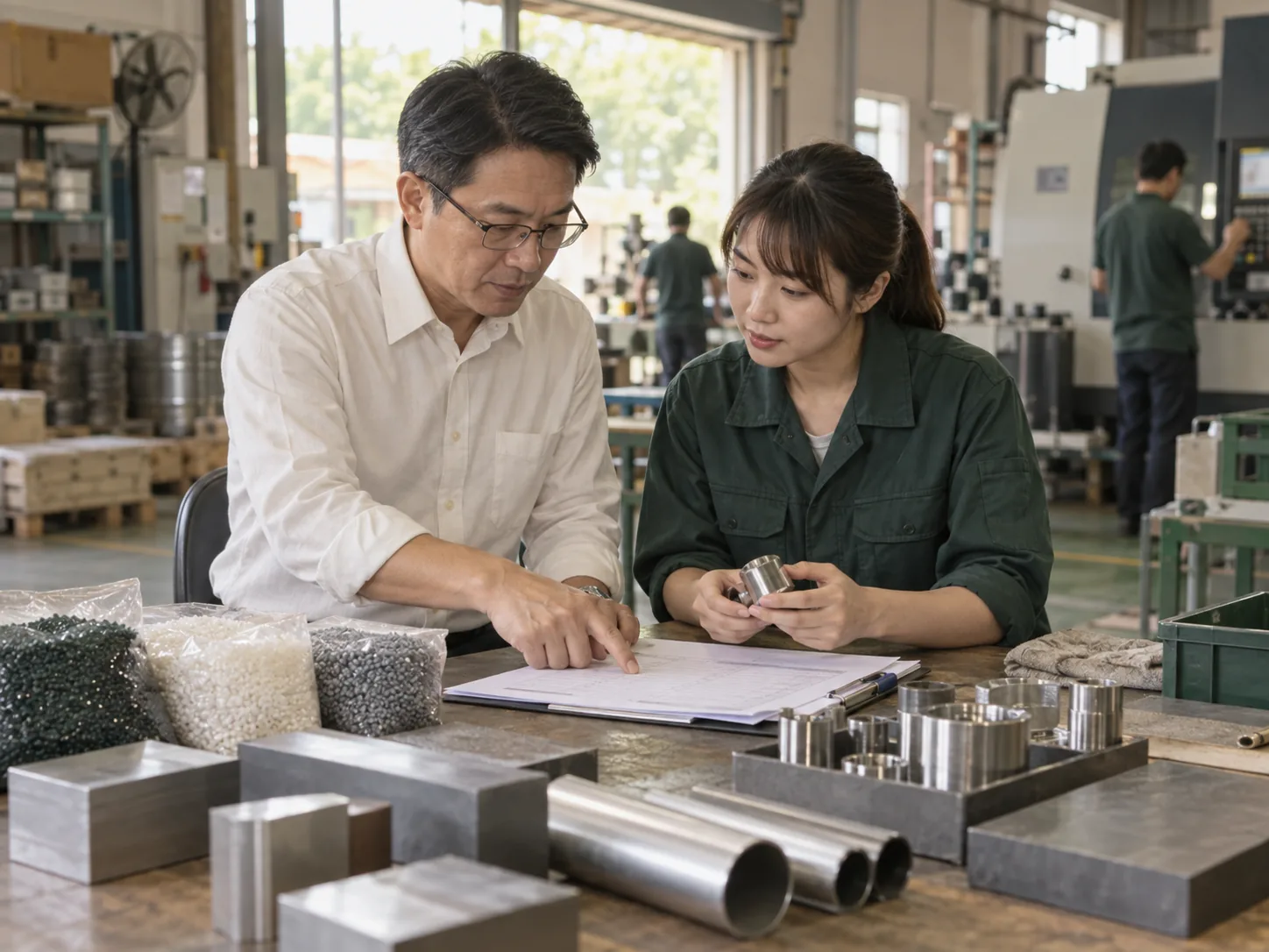 點一下更換圖片 企業負責人和生產主管在工廠確認新訂單與原料需求