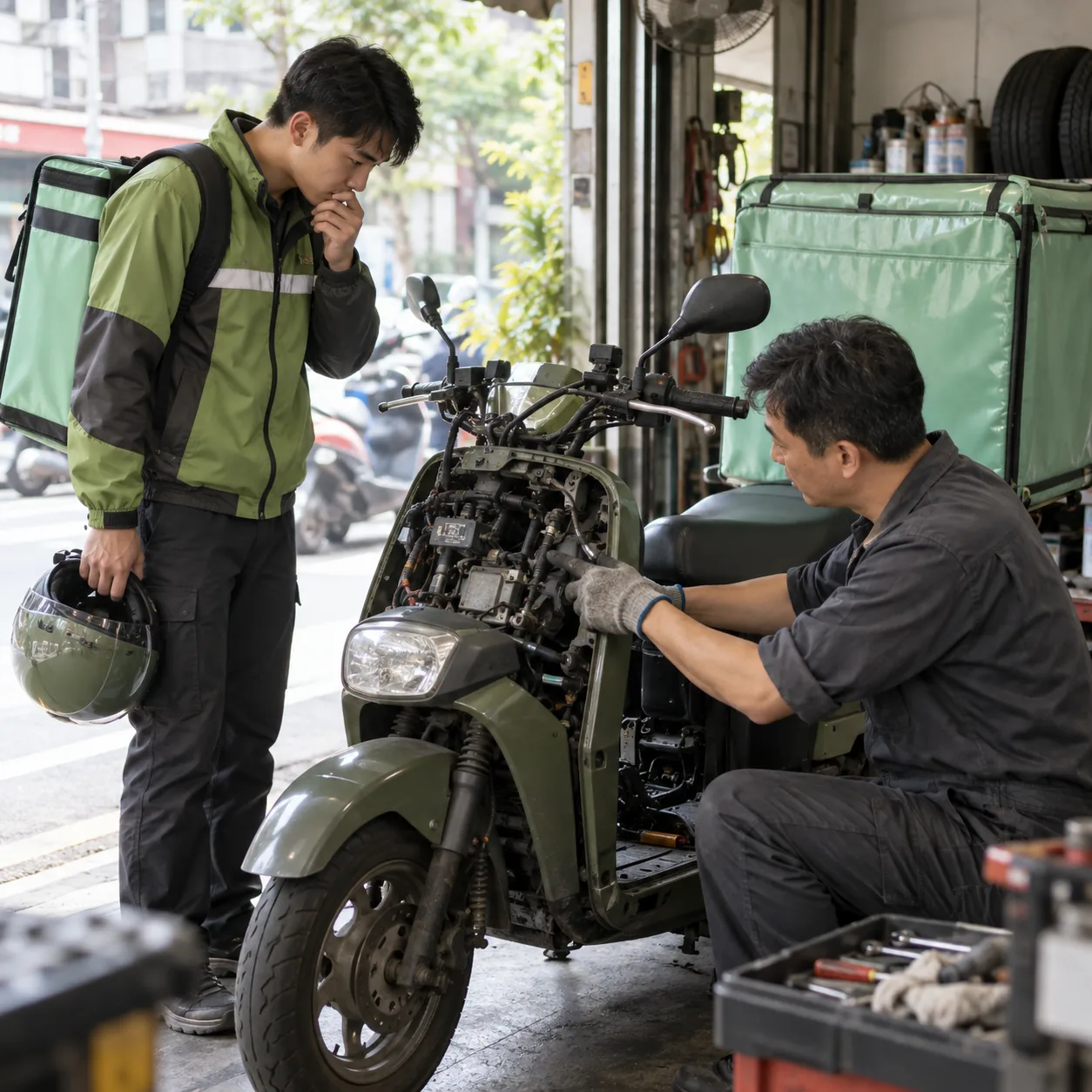 點一下更換圖片 外送與運輸工作者處理營業車維修